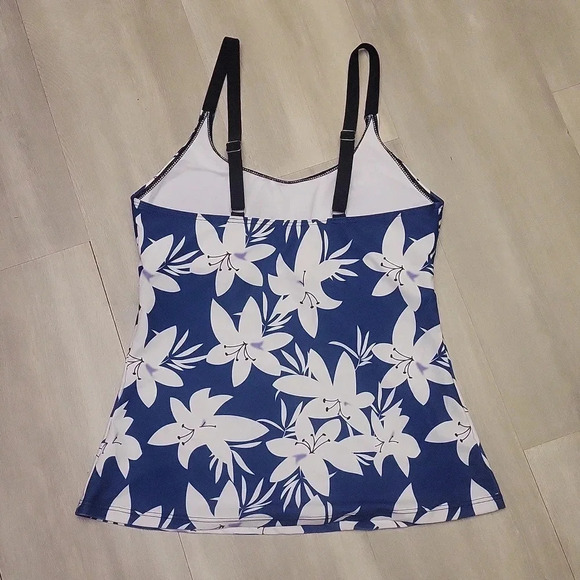 Womens White Flower Navy Blue Bathing Suit Tankini Top Padded Size Small - Picture 4 of 7